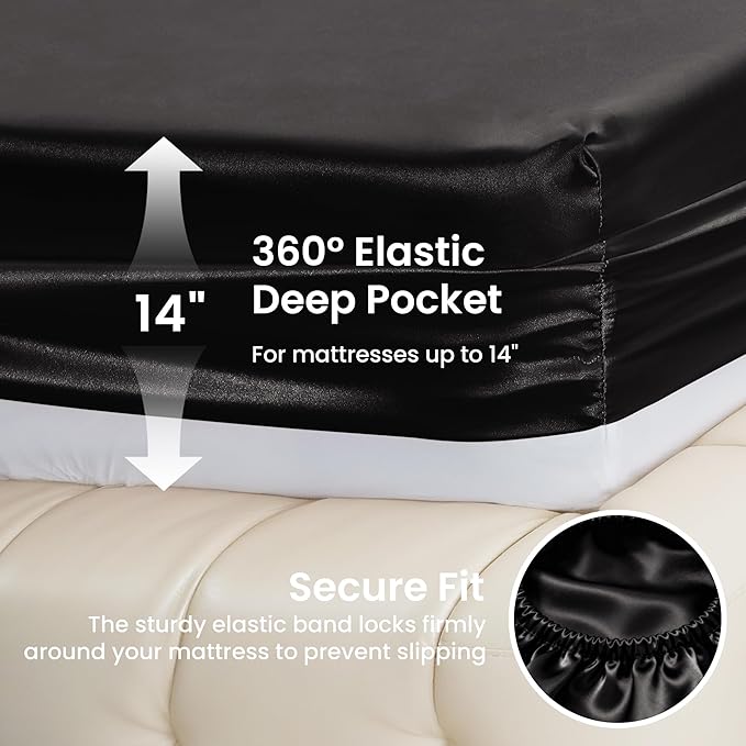 Love's cabin California King Satin Sheet Sets - 4 Piece Black Silky Sheets Bed Set with Deep Pocket, Luxury Silk Feel Satin Cal King Sheet Set (1 Flat Sheet,1 Fitted Sheet,2 Pillow Cases)