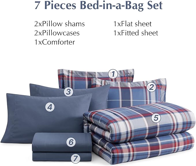 Plaid Queen Size Comforter Set Navy Red, Bedding Set 7 Pieces for Boys Girls Teen, Lightweight All Season Bed in a Bag with Sheets, Pillowcases & Shams