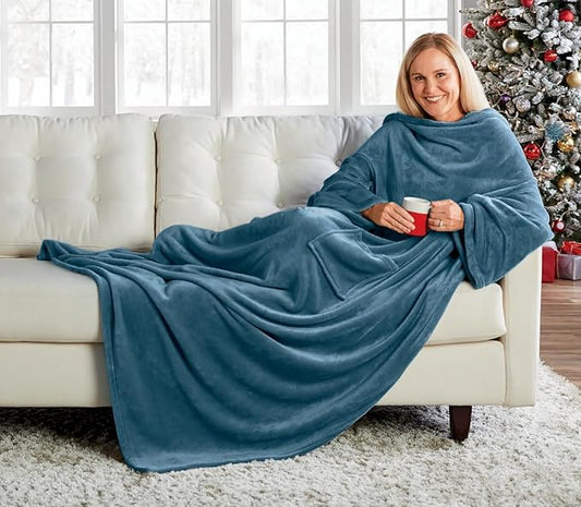 Montgomery Ward Plush Sleeved Throw, Wearable Blanket - Throw, Soft, Comfortable, Teal, 50" x 70"