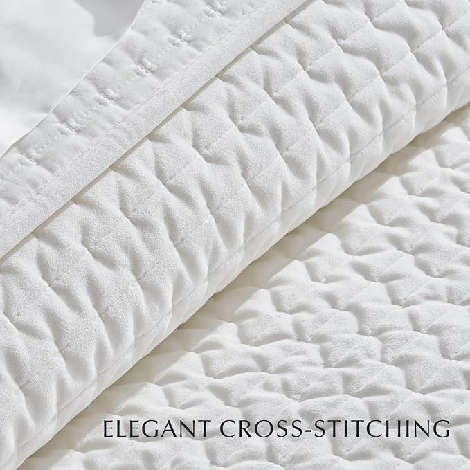 EverGrace Luxury Quilt Set King Size 3 Piece, Soft Cross-Stitch Comforter Set with Pillow Shams, Lightweight Coverlet Bedspread for All Seasons, Bright White