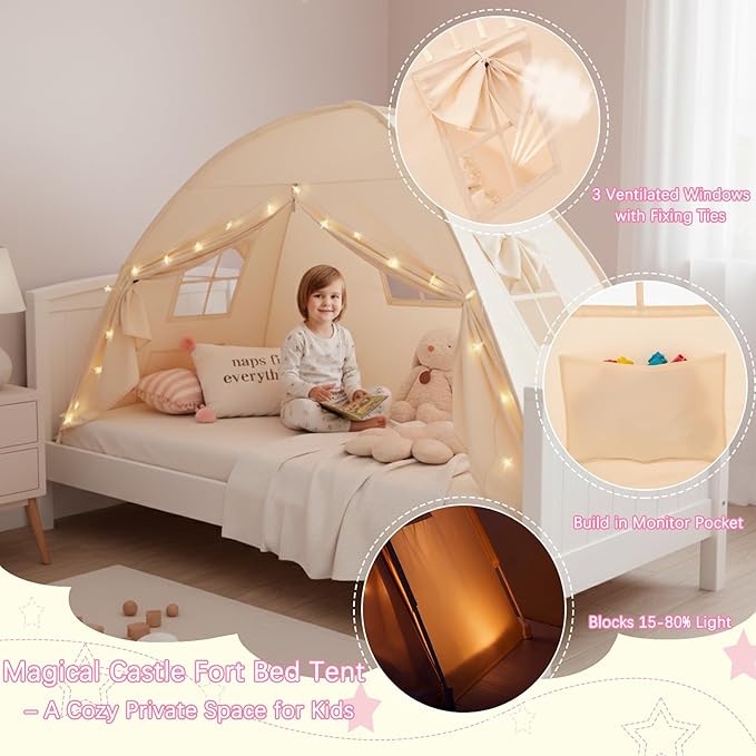 Akiky Bed Tent Bed Canopy Twin Size with Bottom,Kids Tent Indoor Floor with Lights Portable Foldable Bunk Curtains for Girls Boys (Natural, Twin)