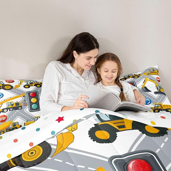 Cartoon Construction Excavator Bedding Set for Kids Boys Children Vehicles Truck Car Comforter Decor Machinery Bulldozer Crane Style Comforter Set Nursery Duvet Set Twin Size Bedspreads Coverlet Sets