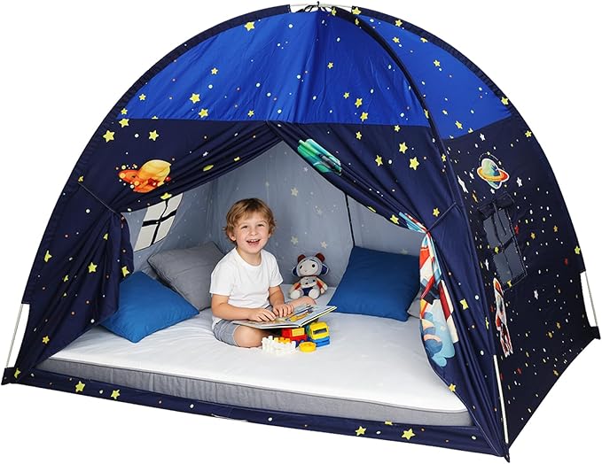 Redants Full Bed Tent Canopy, Space Indoor Blackout Privacy Toddler Bed Tent for Kids with Light, Portable Sleeping Floor Kids Playhouse (Blue, Full Size)