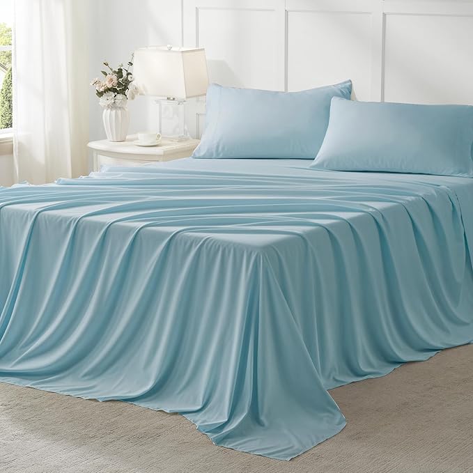 Anluoer King Comforter Set 7 Piece, Light Blue Bed in a Bag with Sheets, Comforters King Size Bedding Sets with 1 Comforter, 2 Pillow Shams, 2 Pillowcases, 1 Flat Sheet,1 Fitted Sheet