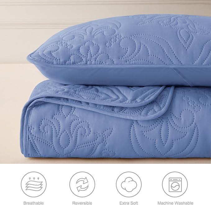 Whale Flotilla Soft Twin Quilt Bedding Set for All Seasons, Elegant Vintage Damask Ultrasonic Quilts Set, Lightweight Reversible Bedspread, Coverlet, Bed Cover with 1 Pillow Sham, Bluish Grey