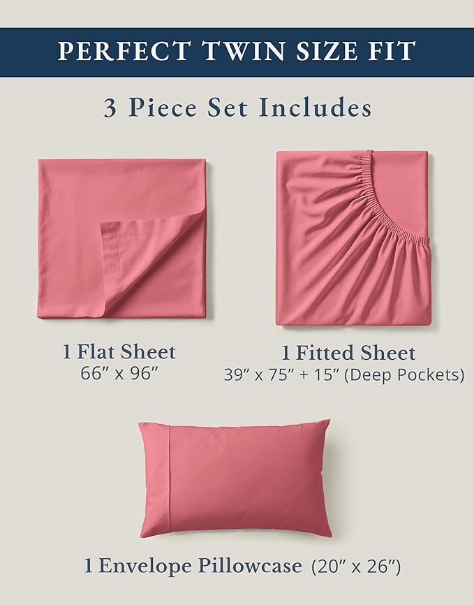 LANE LINEN Eco Friendly 100% Organic Cotton Twin Bed Sheet Set, Soft & Breathable Fully Elasticized Mercerized Cotton Twin Size Bedding Sheets & Pillowcase Set, Deep Pocket Bed Sheets - Mineral Red
