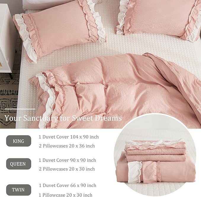 Bedorm Ruffle Duvet Cover Twin Coquette Bedding Ultra Soft Breathable Shabby Chic Bedding Pink Ruffled Duvet Cover Set Cute Comforter Cover