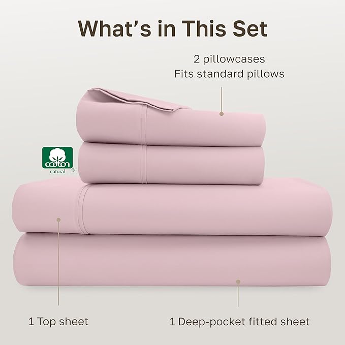 California Design Den Full Size Bed Sheets Set - Soft 400 Thread Count Sateen, Natural 100% Cotton Sheets with Deep Pockets, Breathable, and Durable Bedding Set - Pink