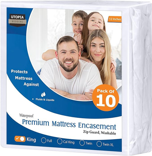 Utopia Bedding Premium Waterproof Bed Bug Mattress Cover, King Zippered Mattress Protector, 12 Inches Deep, Dust Mite Proof 6-Sided Mattress Encasement for Bed (Pack of 10)