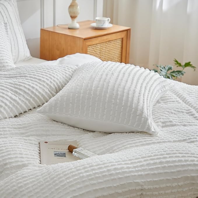 WARMDERN Boho Duvet Cover Set Twin Size,White Striped Duvet Cover Microfiber Bedding Set,2PCS Ultra Soft Breathable Lightweight Tuft Texture Pattern Duvet Covers with Zipper Closure(White,Twin)