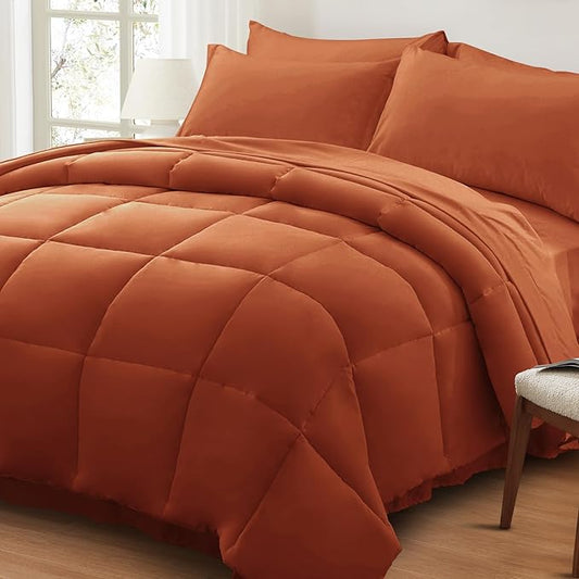 Anluoer Queen Comforter Set 7 Piece, Burnt Orange Bed in a Bag with Sheets, All Season Terracotta Bedding Comforter Sets with 1 Comforter, 2 Pillow Shams, 2 Pillowcases, 1 Flat Sheet,1 Fitted Sheet