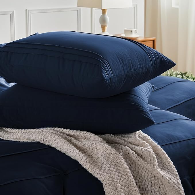 NEXHOME PRO 100% Organic Cotton Duvet Cover Super King Size, Linen Like Pleated Textured Navy Duvet Cover Set, 3pc Bedding Set with Zipper Closure, Soft,108"x98", No Comforter