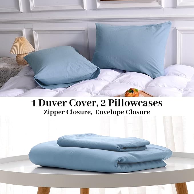 NEXHOME PRO Duvet Cover Set Kids Twin Size Linen Look Textured Organic Natural 100% Washed Cotton Duvet Cover Blue 2 Pieces Bedding Set with Zipper Closure, Corner Ties, Breathable (No Comforter)