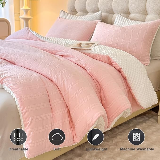 Boho Comforter Set Full Size Striped Pleats Bohemian Seersucker Bedding Set All Season Soft Cozy 3 Pieces Quilt with 2 Pillowcases(80"X90" Blush Pink)