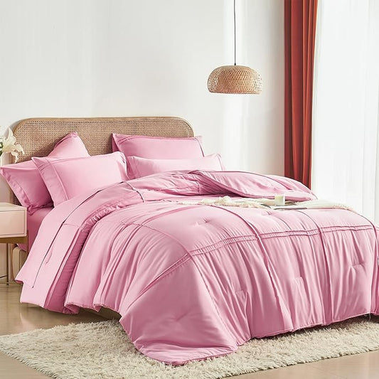Yogeneg Queen Comforter Set 7 Piece Bed in a Bag,Grid Pinch Pleat Pink Bedding Set,Striped Textured Soft Microfiber Comforter with Sheet Set,All Season Complete Bed Set(Pink,Queen)