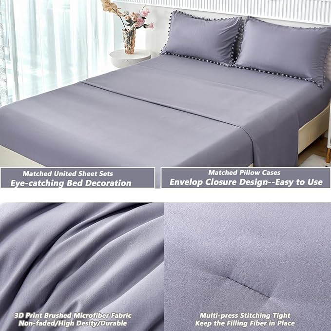 PERFEMET 5-Piece Purple Bed in A Bag Queen Size Boho Cute Grayish Purple Pom Pom Comforter Set with Sheets Soft Lightweight Girls Bedding Set(Grayish Purple, Queen)