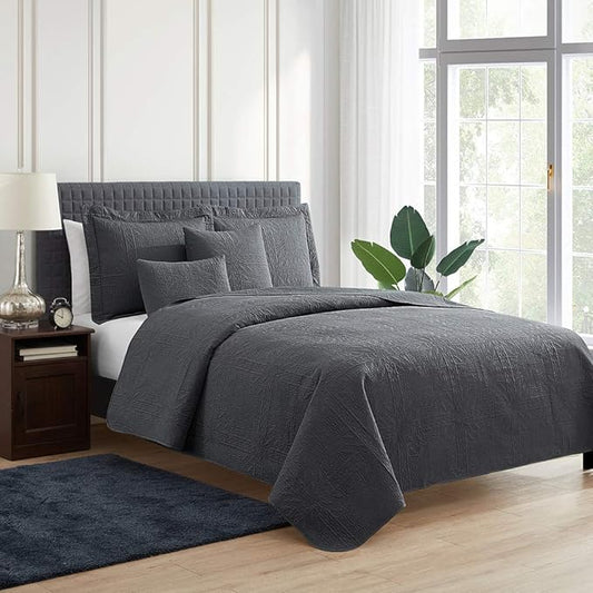 Hearth & Harbor Quilts Twin Size - All Season Bedspread Coverlet Set, Pinsonic Weave Lightweight Bedding Set - 5 Piece Twin Quilt Set with Pillow Shams, Grid - Gray