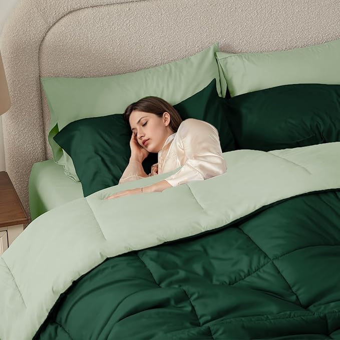 Anluoer King Comforter Set,Emerald Green&Sage Bed in a Bag 7 Piece,Lightweight Bedding Set with Soft Down Alternative Fill,Bed Set Includes Comforter, Fitted Sheet, Flat Sheet,Pillowcases and Shams