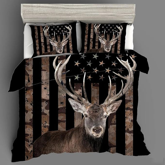 Bedbay American Flag Bedding Set California King Comforter Bed Set Deer Hunting Hunter Bedroom Decor for Men Wild Animal Camo Duvet Insert 4 Pcs Soft Lightweight Comforter Quilt Set (Deer,Cal-King)