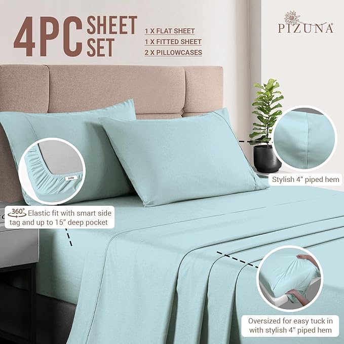 Pizuna Pure 100% Cotton Sheet Set Twin, Luxurious 400 Thread Count Long Staple Cotton Sateen Sheets Twin with 15" Deep Pocket (Baby Blue)