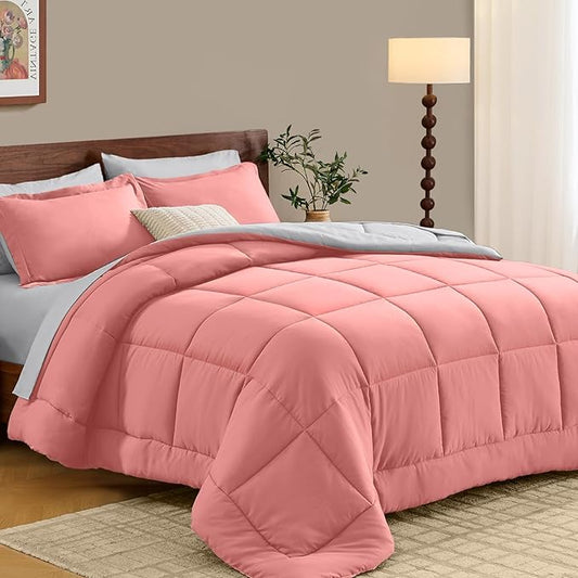 FUANNA Full Size Comforter Sets 7 Pieces, Reversible Bed in a Bag with All Season Soft Comforter, Bedding Sets Includes Comforter, Flat Sheet, Fitted Sheet, Pillowcases & Shams, Pink & Light Grey