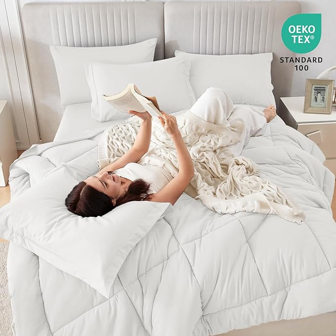 Sasttie Oversized Queen Comforter Set, 7 Pieces Reversible Bed in a Bag, Complete Bedding Set Includes 98''x98'' Comforter, Flat Sheet, Fitted Sheet, Pillowcases and Pillow Shams, Ivory