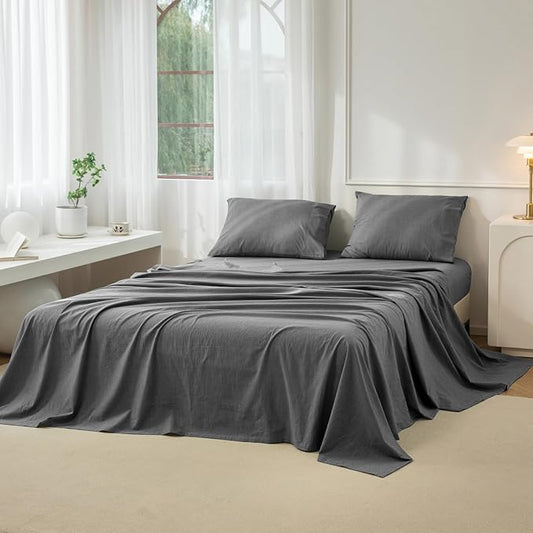 JIYUAN 100% Washed Cotton Sheet Set 4 Pieces Queen,1 Fitted Sheet,1 Flat Sheet and 2 Pillowcases,Comfy and Breathable Linen Like Bedding Set,Heathered Dark Grey