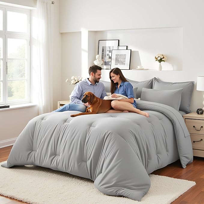 Oversized King Size Comforter Set 7 Pieces - Soft Bed in a Bag King Bed Set, Cozy Luxury Bedding Sets with All Season Comforter, Flat Sheet, Fitted Sheet, 2 Pillowcases & 2 Shams, Light Gray