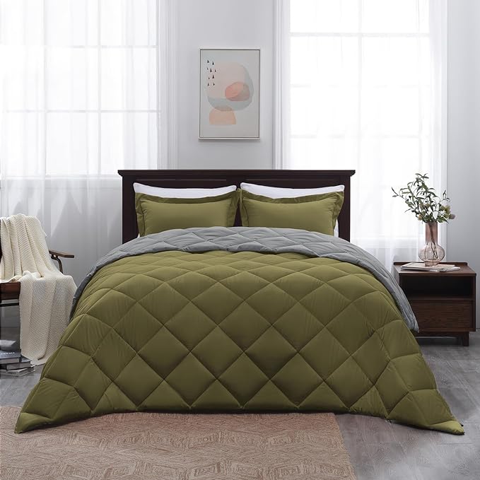 Beyond Twin Comforter Set - Olive Green/Charcoal Gray, Reversible, All Seasons - 1 Comforter (66"x92") and 1 Pillow Sham (20"x26"+2")