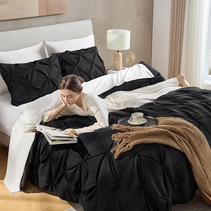Andency Black Pinch Pleat Comforter Full(79x90Inch), 3 Pieces(1 Pintuck Comforter and 2 Pillowcases) Pintuck Bed Set, Microfiber Down Alternative All Season Bedding Set