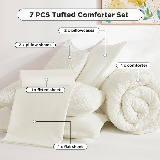 Andency Oversized King Size Comforter Set 7 Pieces Ivory - Bed in a Bag Oversized King Boho Lightweight Fluffy Tufted Bedding Sets with Comforter, Sheets, Pillowcases & Shams