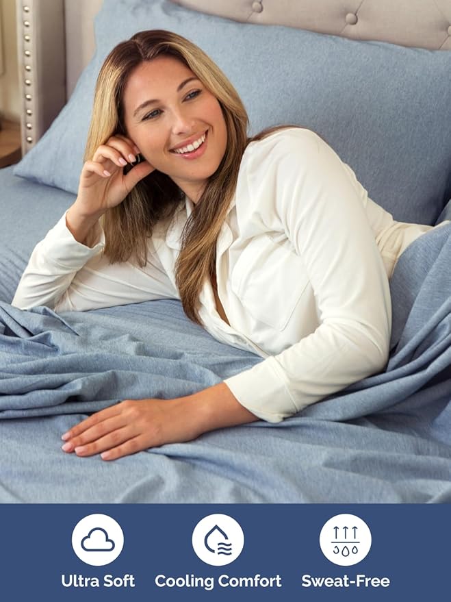 Extra Deep Queen Sheet Set - 6 Piece Breathable and Cooling Sheets - Hotel Luxury Bedding for Women, Men, Kids & Teens - Easy Secure Fit - Soft and Wrinkle Free - Extra Deep Pockets - Heathered Blue