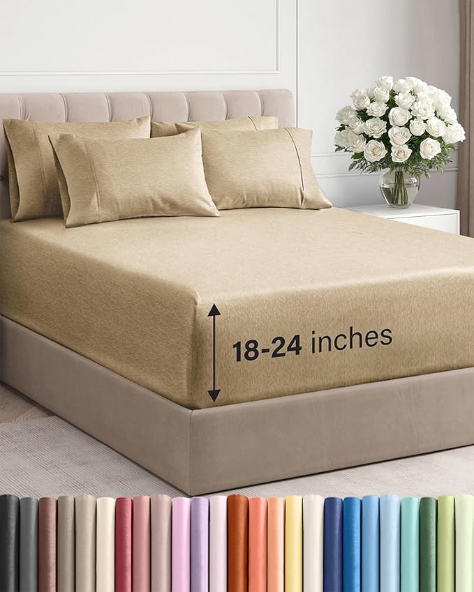 Extra Deep Queen Sheet Set - 6 Piece Breathable and Cooling Sheets - Hotel Luxury Bedding for Women, Men, Kids & Teens - Easy & Secure Fit - Soft and Wrinkle Free - Extra Deep Pockets - Heathered Tan