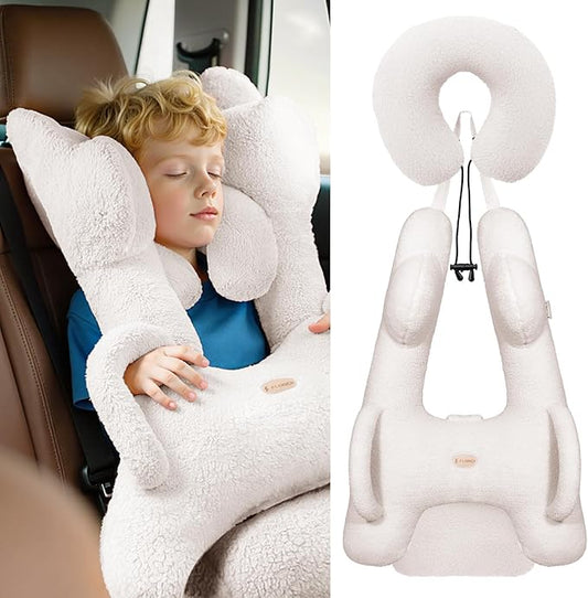 FLORICH Kids Travel Pillow, Car Sleeping Travel Pillow for Kids, Removable H-Shaped Pillow for Adults and Children to Support Head and Body Road Trips with Neck Pillow and Blanket (Beige White)
