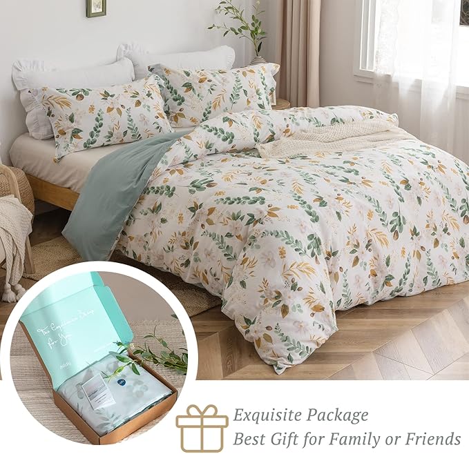 MILDLY 100% Washed Cotton Duvet Cover Set - Garden Flower Printed Autumn Comforter Cover Set Full Size Soft Breathable Bedding Set with Zipper Ties