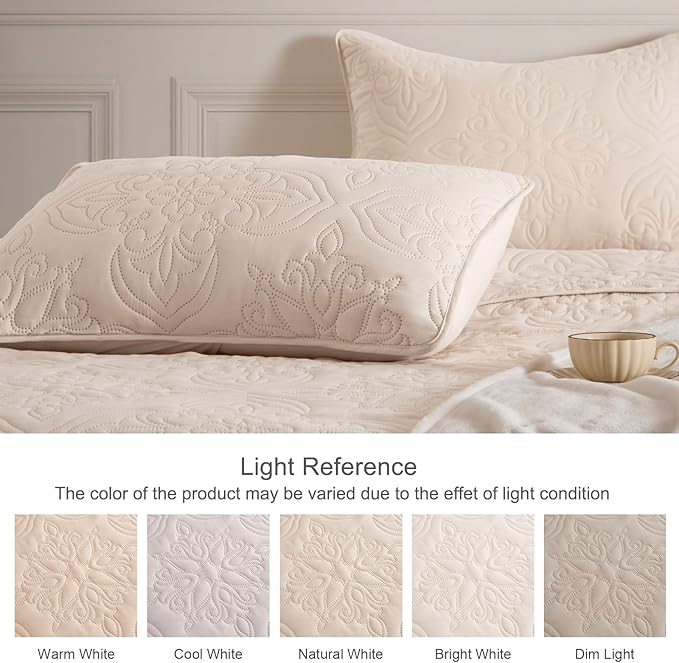 Whale Flotilla Soft California King Quilt Bedding Set for All Seasons, Vintage Damask Ultrasonic Quilts Set, Lightweight Reversible Bedspread, Coverlet, Bed Cover with 2 Pillow Shams, Brich Beige