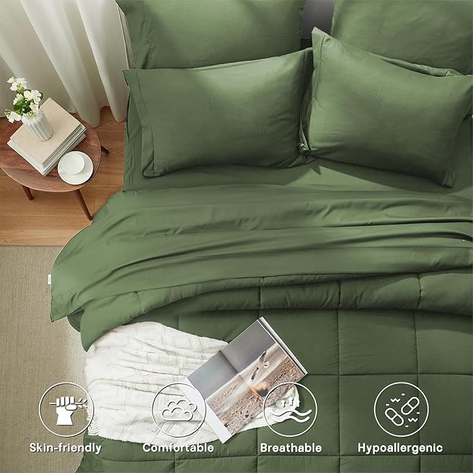 Anluoer Full Size Bed in a Bag 7 Pieces, Olive Green Bed Comforter Set with Sheets, All Season Bedding Sets with 1 Comforter,2 Pillow Shams,2 Pillowcases, 1 Flat Sheet,1 Fitted Sheet