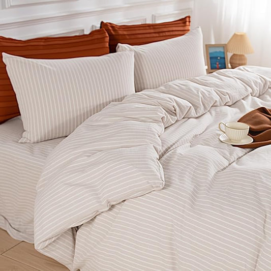 NEXHOME PRO Striped Duvet Cover Oversized King,100% Washed Cotton Bedding Set,Textured Linen Feel,Breathable,Organic,3 Piece(White Stripes 120x98)