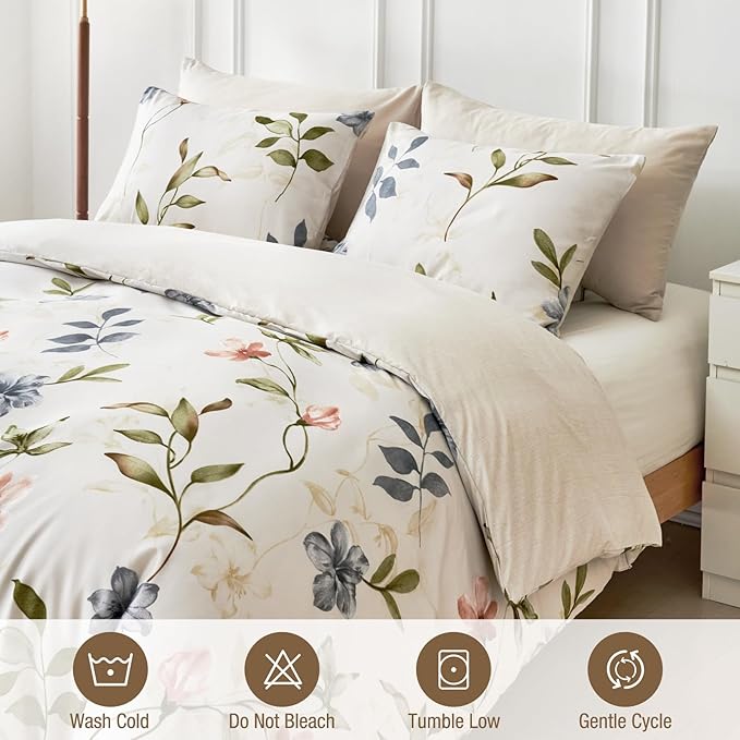 Lekesky Boho Duvet Cover King Size, King Comforter Cover White Floral Printed Duvet Cover Set, 3 Pieces Soft Microfiber Bedding Set with Zipper and 2 Pillowcases (King, 104"x90")