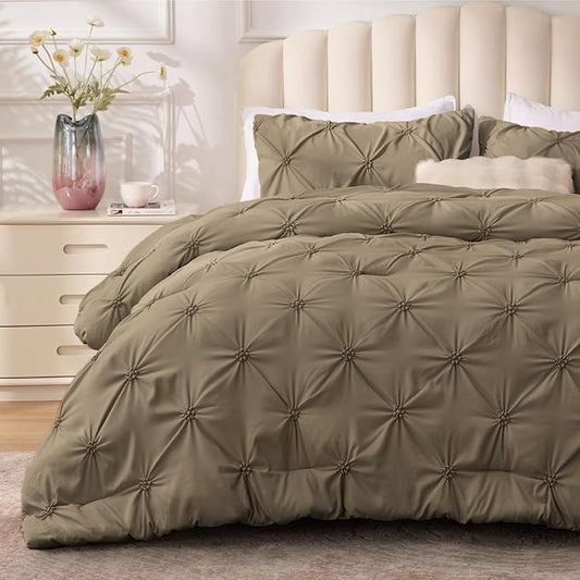 BEDELITE Light Brown King Size Comforter Set - 3 Pieces Boho Pintuck Bedding Comforter Sets, Lightweight Soft & Warm King Bedding Set with 2 Pillowcases for All Season
