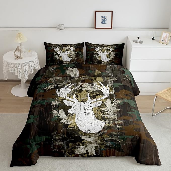 Feelyou Kids Camo Deer Bedding Set Twin Size, Deer Hunting Comforter Set Green Camo Comforter for Boys Girls Antlers Duvet Insert Microfiber Bed Set