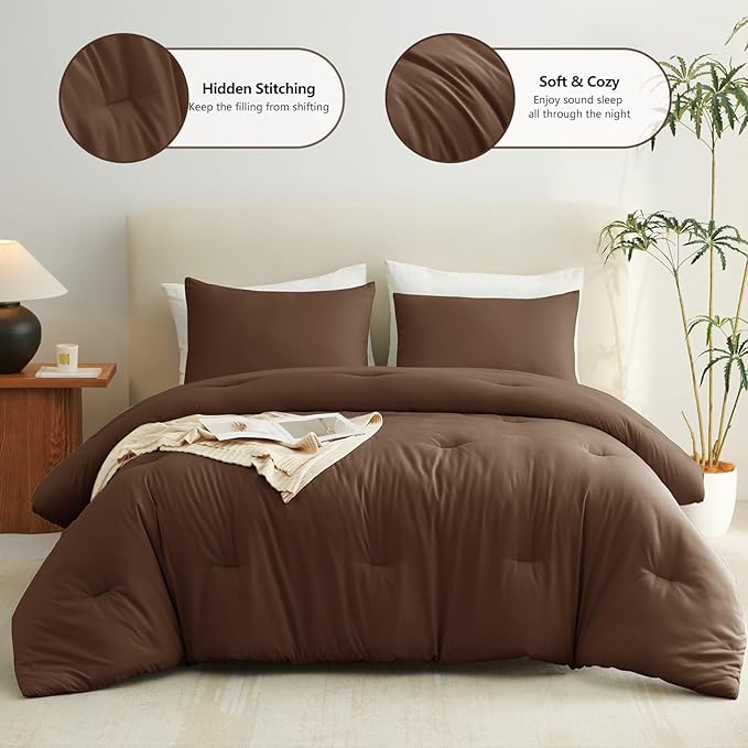 CozyLux Full Size Comforter Set Brown, 3 Pieces Solid Breathable Quilted Style Bedding Sets, Luxury Fluffy Soft Bed Set with Down Alternative Comforter for All Season (1 Comforter & 2 Pillowcases)