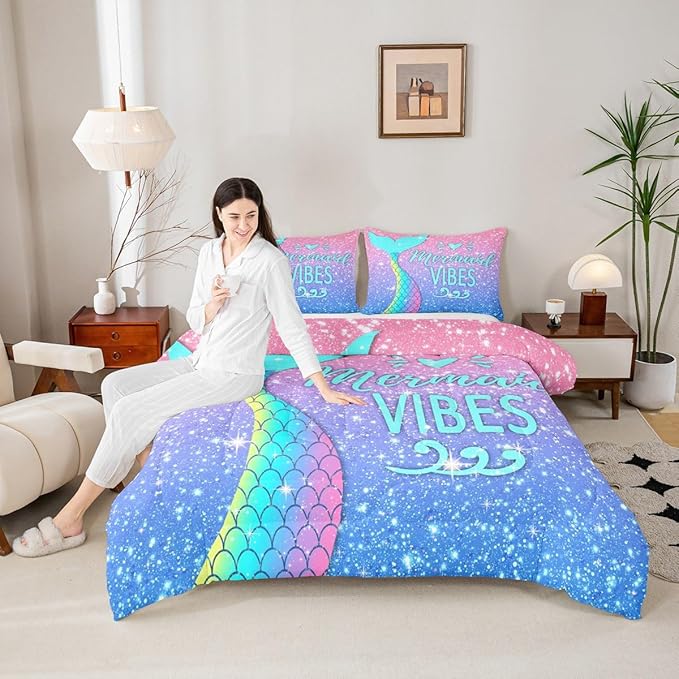 Girls Mermaid Tail Comforter Set Full Kawaii Coastal Fish Scales Bedding Set Glitter Star Galaxy Comforter Blue Pink Pastel Ombre Set Princess Bed Set Ocean Animal Quilt Duvet 2 Pillowcases Teal