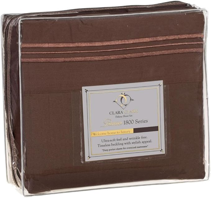 Clara Clark 1800 Series Bed Sheet Sets - Stay fit on Mattress with Elastic Straps at Corners - King, Chocolate Brown