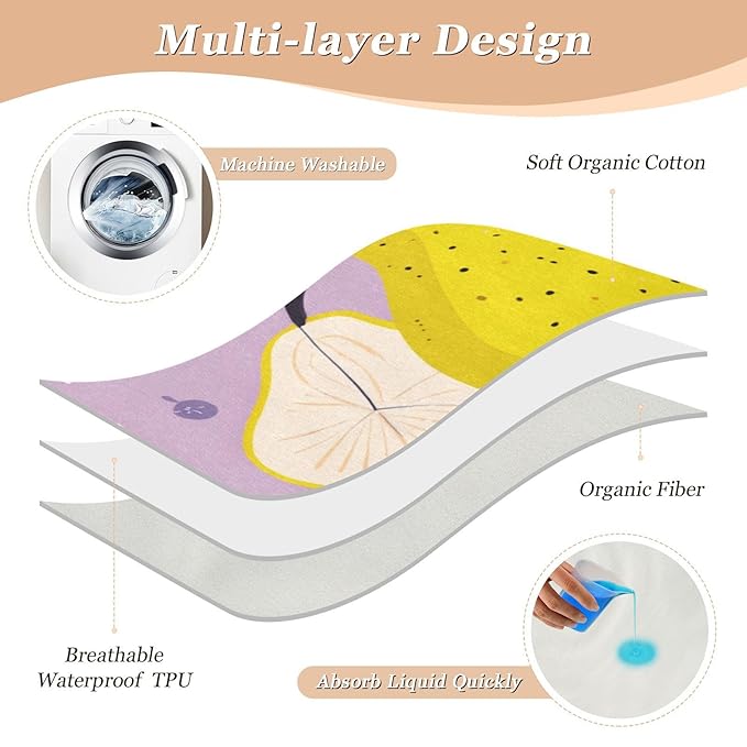 Waterproof Bed Pad Reusable Changing Pad Toddler Mattress Protector Large Pee Pad Baby Diaper Pad Soft Washable Liner Purple Cute Pears Leaves and Dots