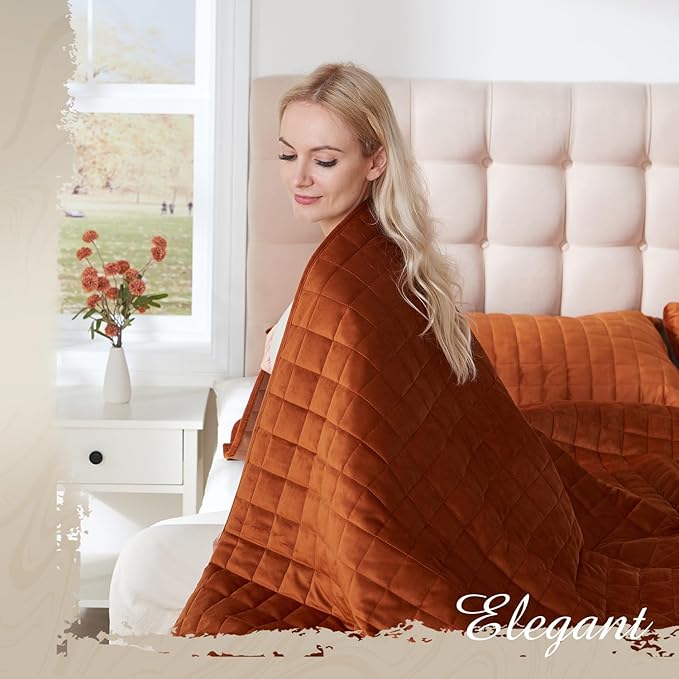 Luxury Velvet Quilt Set King Size, Comforter Set with Pillow Shams, Soft Lightweight Bedspread Coverlet Bedding Sets for All Seasons, Red Brown
