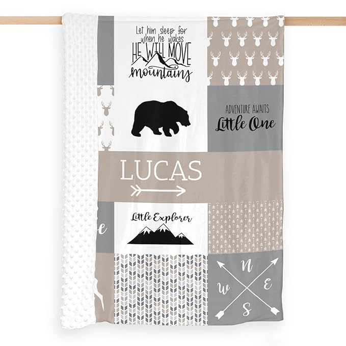 Personalized Baby Blanket for Boys Super Soft Double Layer with Dotted Backing, Lovely Woodland Animal Design Blanket for Toddler Newborn, Polyester, Mocha Meringue, 35 x 45 Inch