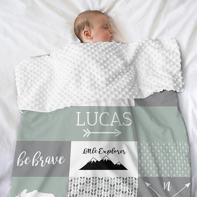 Baby Blanket with Name, Polyester Micro Soft Plush Baby Blankets for Boys with Print Animal Pattern and Soothing Raised Dots, Double Layer Bed Throws for Crib, Bear and Deer, Green, 35x45 Inches