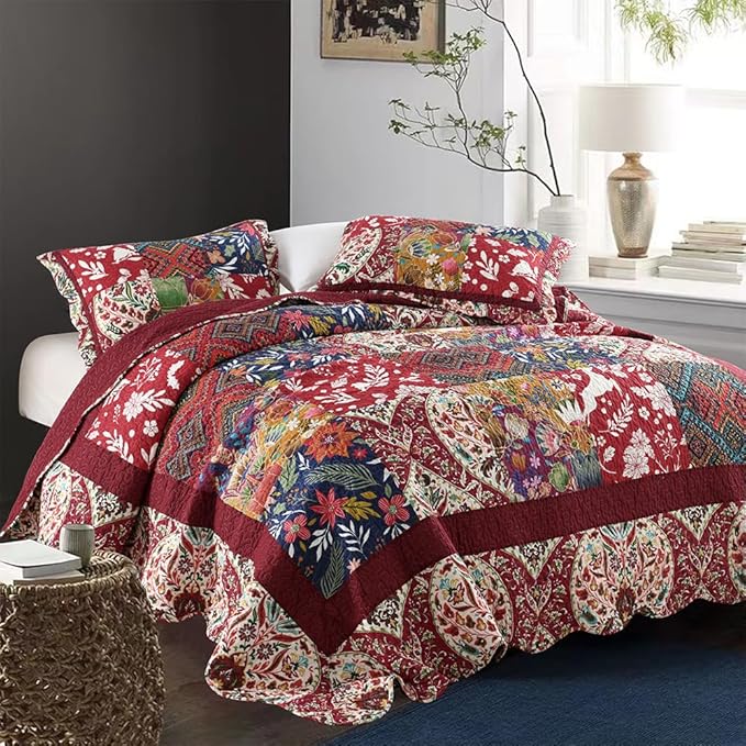 ENASAL Cotton Bedspread Quilt Sets Reversible Bedding Coverlet Sets Comforters Vintage Luxury Damask Floral Real Patchwork Burgundy Bedspread,King Size | Breathable material, Cotton soft durable, Reversible, Jacquard stitching, Machine waschable