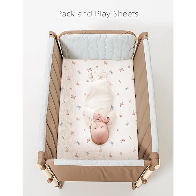 Konssy Muslin Mini Crib Sheets, 100% Soft Cotton Pack and Play Sheets for Pack N Play Mattress, Playard Baby Crib Sheets for Baby Girls(Taupe,Butterfly Dreams)